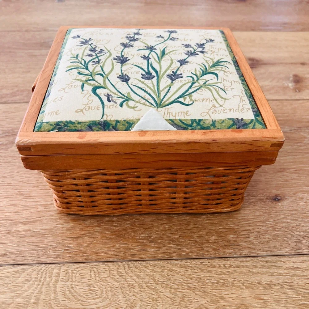 Vintage Woven Wicker Sewing Basket Lavender Thyme Botanical Print Wood Trim Box